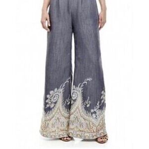 Wonderly Women Wide Leg Paisley Embroidered Pants Blue Grey‎ Size S